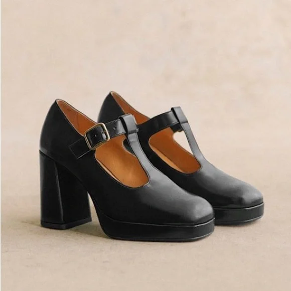 SEZANE Glossy Black Leather Monique High Babies T Strap Platform Mary Jane Heels - Picture 17 of 17